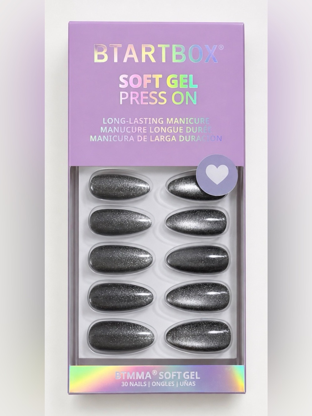 BTArtbox Soft Gel Press On Nails – Black/Silver Glitter – NEW